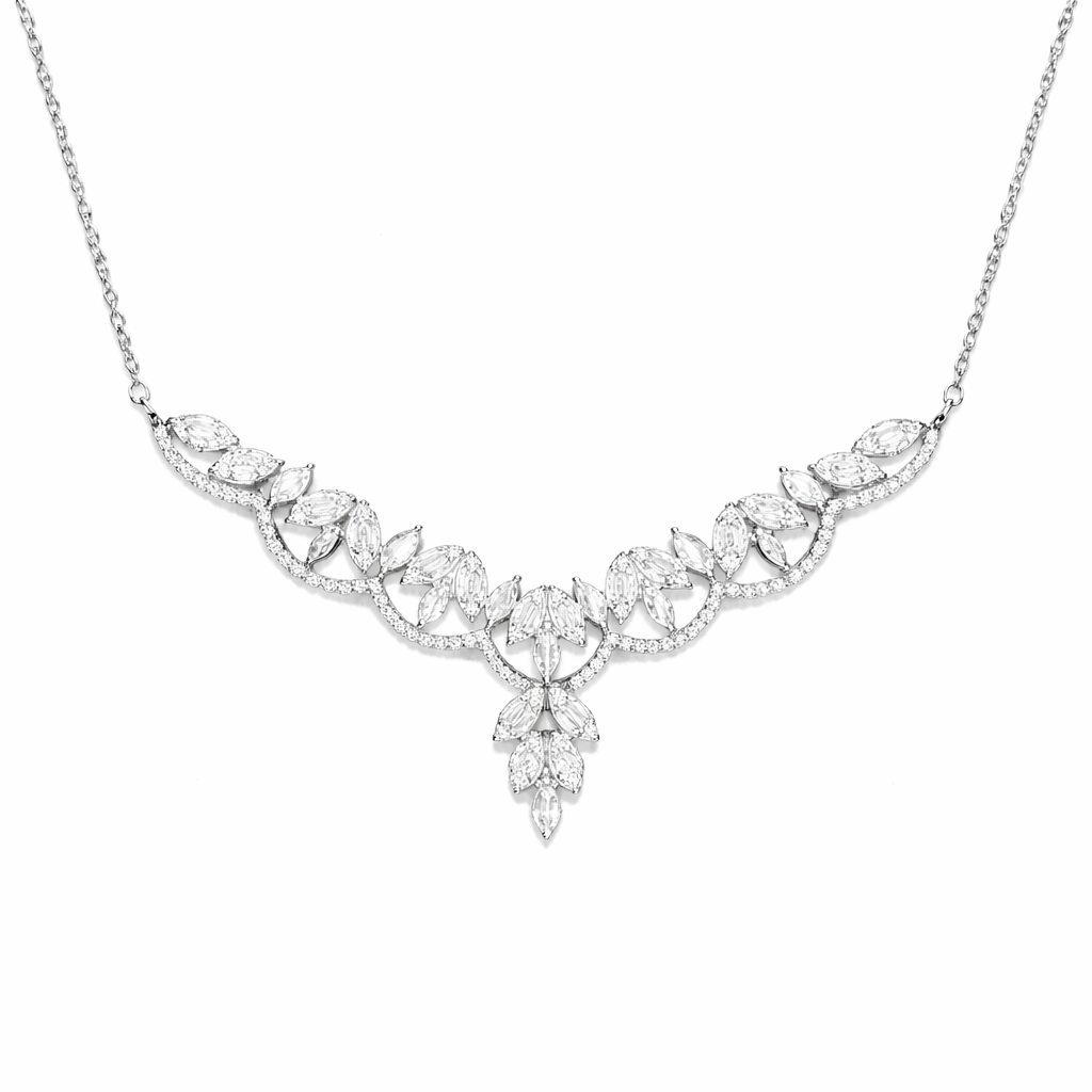 Collier feuilles pavées de zirconiums en argent 925 rhodié – Élégance royale