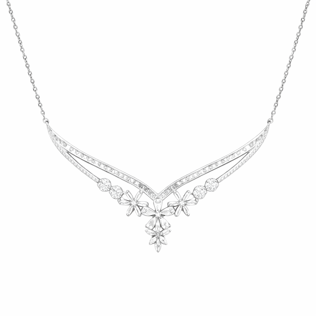 Collier en V fleurs pavées de zirconiums – Argent 925 rhodié