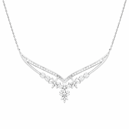 Collier en V fleurs pavées de zirconiums – Argent 925 rhodié