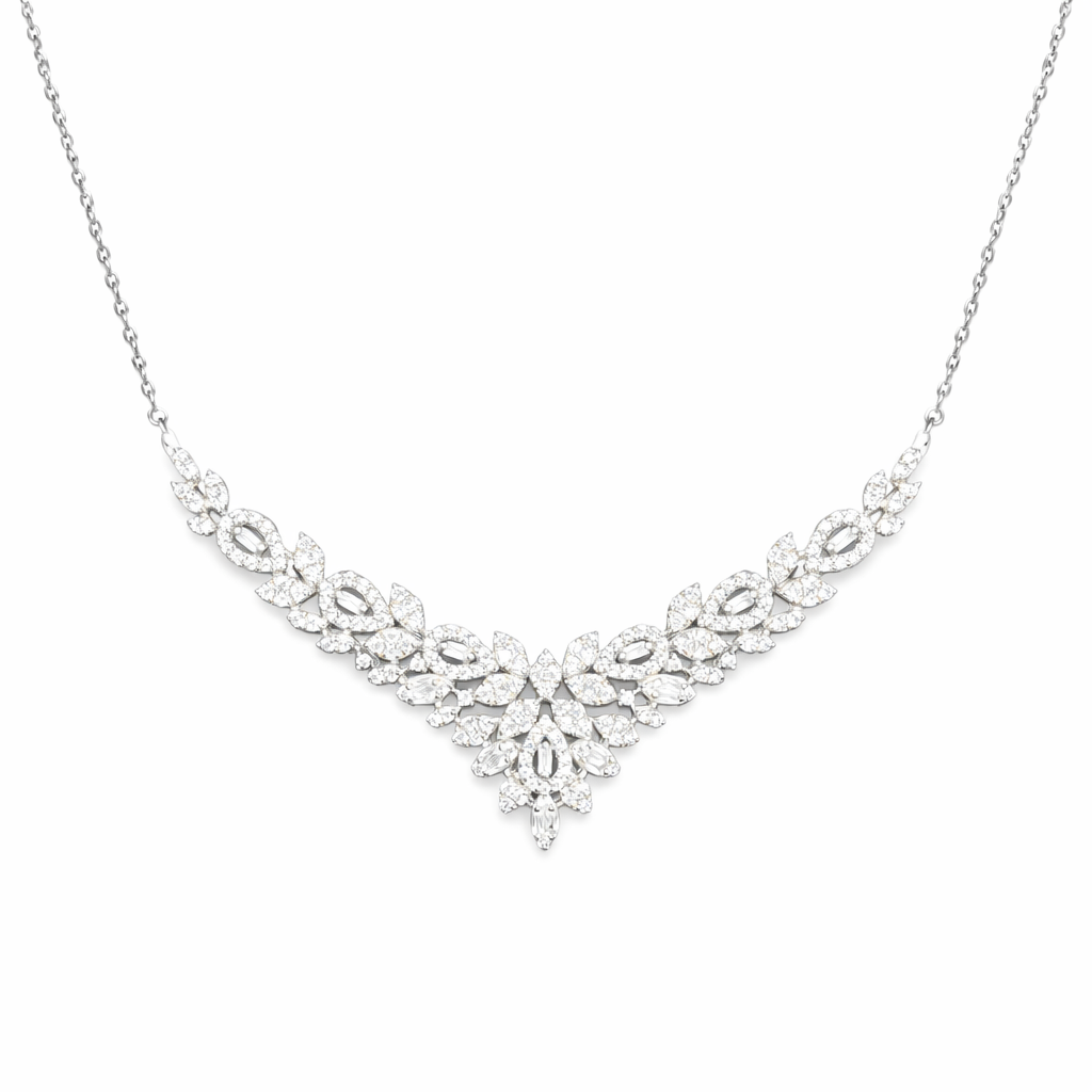 Collier en V feuilles pavées de zirconiums – Argent 925 rhodié