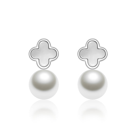 Boucles d’Oreilles Femme Argent 925 avec Trèfle Nacré et Perle – Élégance Minimaliste et Moderne