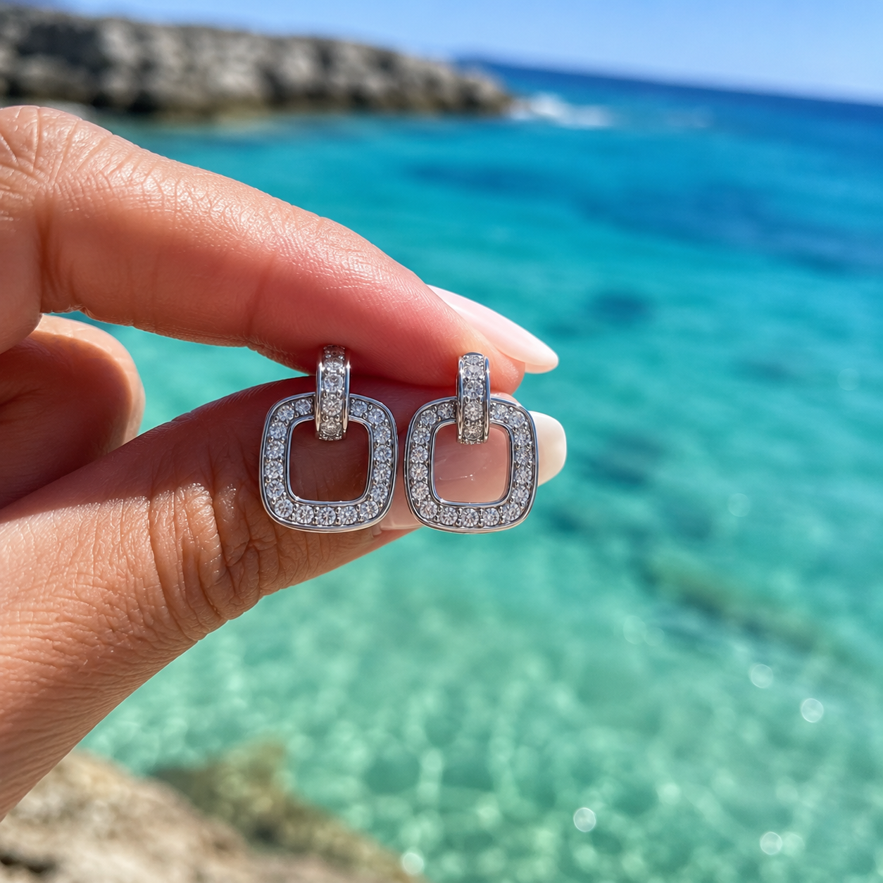 Boucles d’Oreilles Carrées Argent 925 Rhodié & Zirconiums