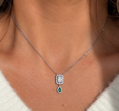 Collier Rectangulaire & Goutte Verte Argent 925 Rhodié – Collier Femme Élégant