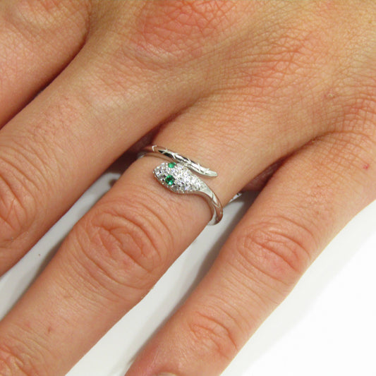 Bague serpent en argent 925 rhodié – Regard émeraude et éclat pavé de zirconiums