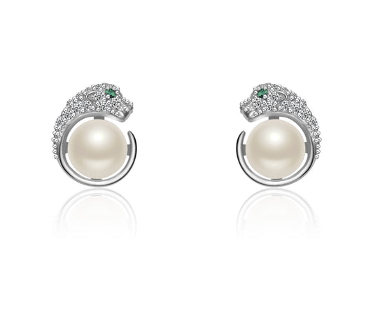 Boucles d’Oreilles Panthère Argent 925 & Perle – Élégance Féline et Zirconium Étincelant