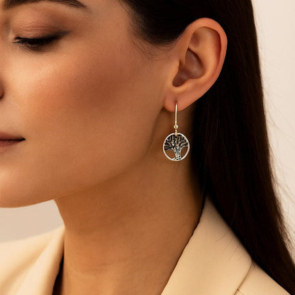 Boucles d’Oreilles Arbre de Vie Argent 925 – Noir & Argent – Bijou Élégant et Symbolique