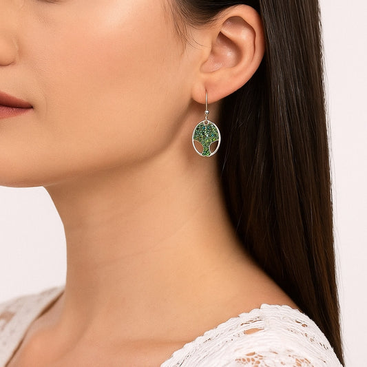 Boucles d’Oreilles Arbre de Vie Argent 925 – Vert Scintillant – Bijou Symbolique et Lumineux
