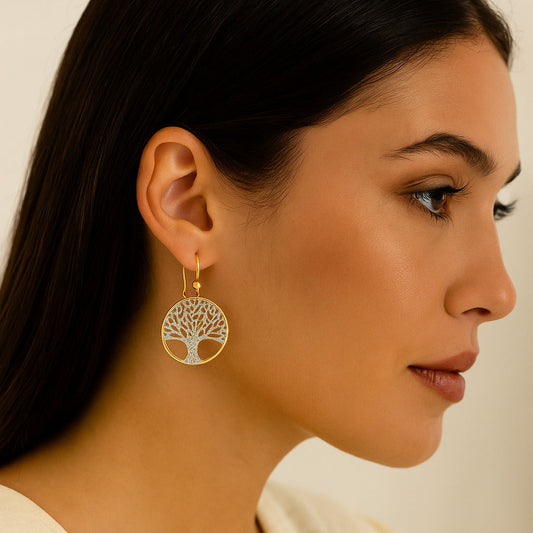 Boucles d’Oreilles Arbre de Vie Plaqué Or – Grand Modèle Argent Scintillant – Élégance & Symbolique