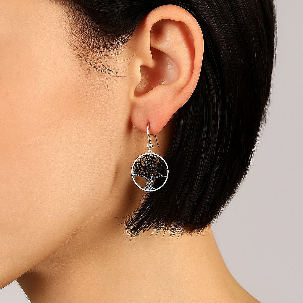 Boucles d’Oreilles Arbre de Vie Argent 925 – Grand Modèle Noir & Argent Scintillant – Élégance & Symbolique