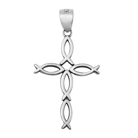 Pendentif croix Ichthus en argent 925 rhodié – Croix poisson chrétien ajourée, symbole de foi