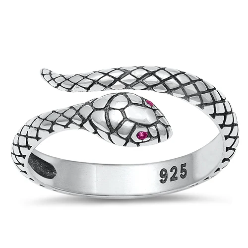 Bague serpent gravée en argent 925 rhodié – Design reptilien et yeux rouges envoûtants